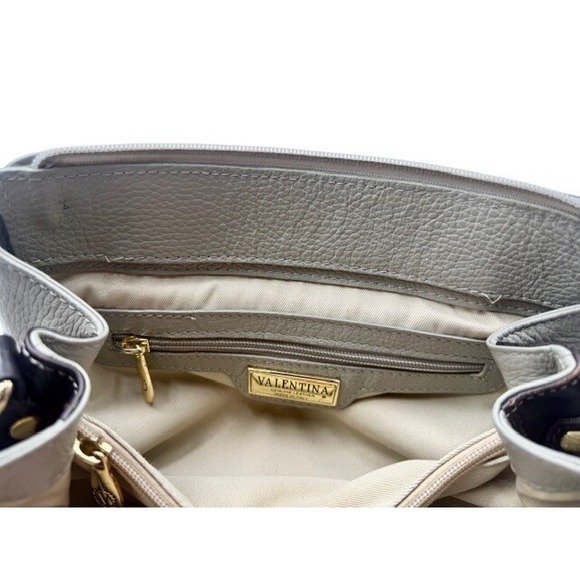 Valentina Italy Leather Satchel Handbag Grey Brown Top Handle Shoulder Bag - Picture 10 of 12
